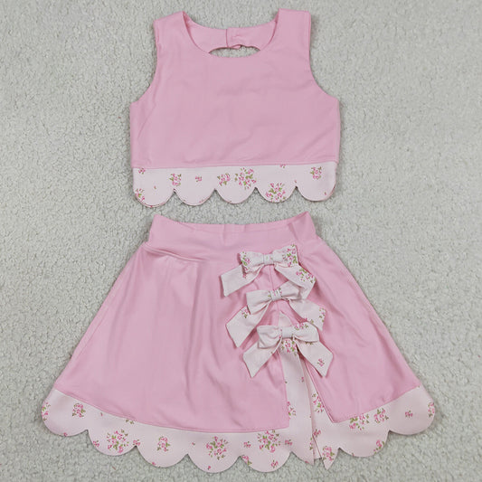 Baby Girls Clothes Light Pink Flowers Vest Bows Skirt Shorts Scallop Yoga Active Clothes Sets GSD3321