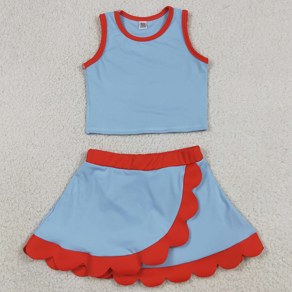 Baby Girls Clothes Sleeveless Blue Red Vest Scallop Skirt Short Yoga Active Clothes Set GSD4020
