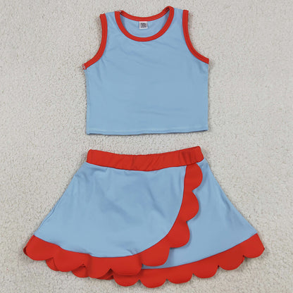 Baby Girls Clothes Sleeveless Blue Red Vest Scallop Skirt Short Yoga Active Clothes Set GSD4020