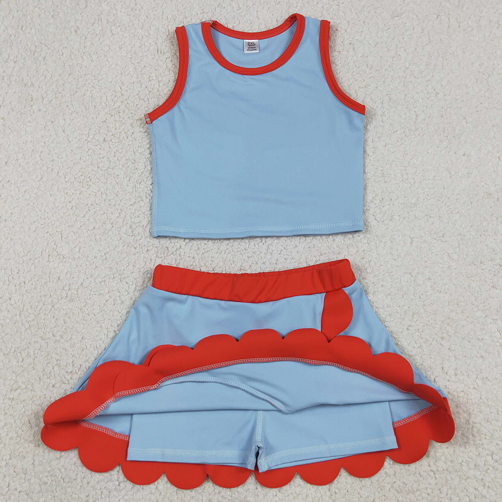 Baby Girls Clothes Sleeveless Blue Red Vest Scallop Skirt Short Yoga Active Clothes Set GSD4020