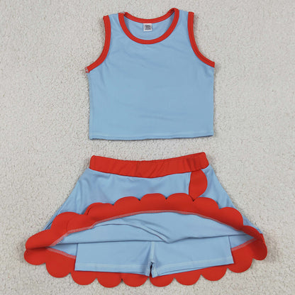 Baby Girls Clothes Sleeveless Blue Red Vest Scallop Skirt Short Yoga Active Clothes Set GSD4020