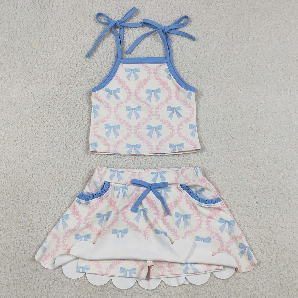 Baby Girls Clothes Strap Bow Flowers Top Scallop Pockets Skirt Short Yoga Active Clothes Sets GSD3727