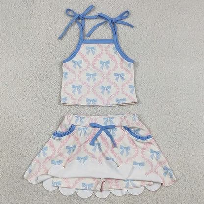 Baby Girls Clothes Strap Bow Flowers Top Scallop Pockets Skirt Short Yoga Active Clothes Sets GSD3727