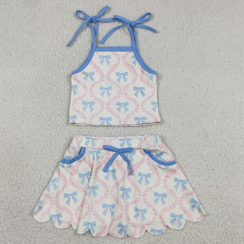 Baby Girls Clothes Strap Bow Flowers Top Scallop Pockets Skirt Short Yoga Active Clothes Sets GSD3727