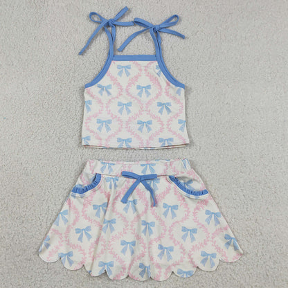 Baby Girls Clothes Strap Bow Flowers Top Scallop Pockets Skirt Short Yoga Active Clothes Sets GSD3727