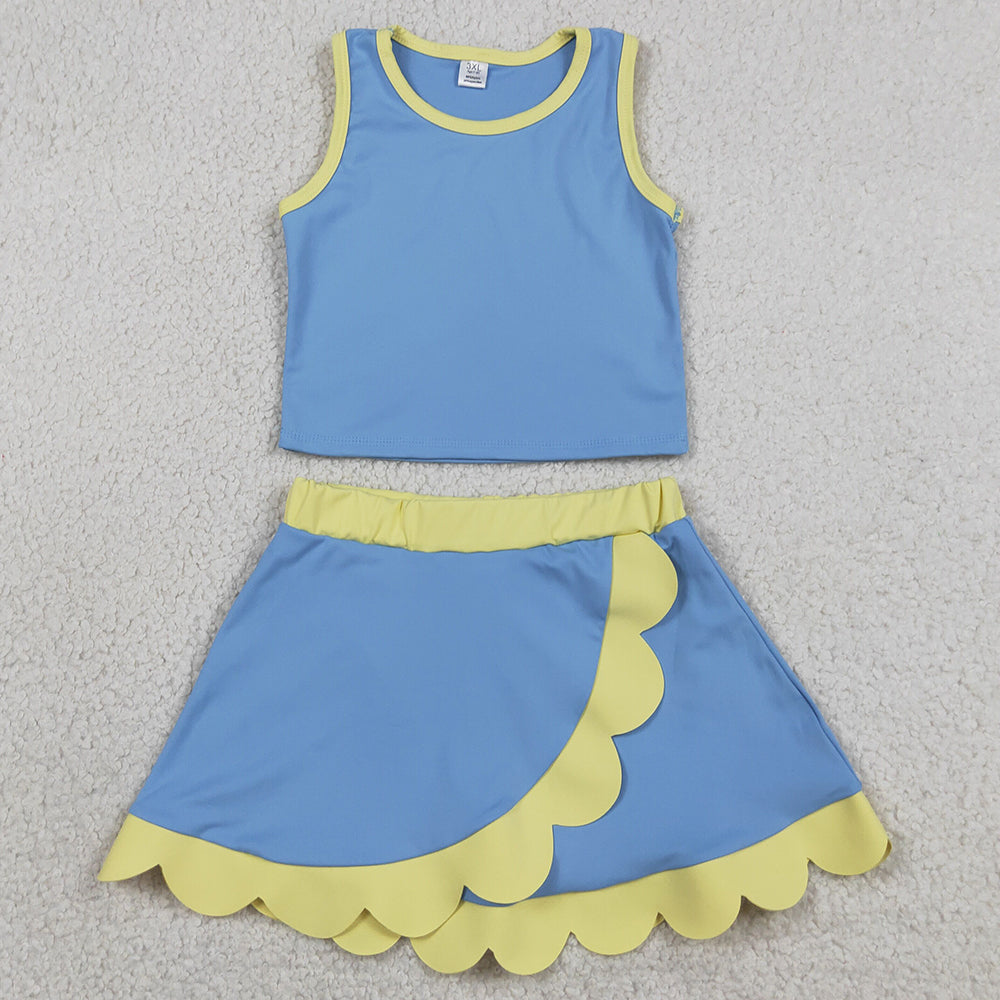 Baby Girls Clothes Sleeveless Blue Yellow Vest Scallop Skirt Short Yoga Active Clothes Sets GSD4022