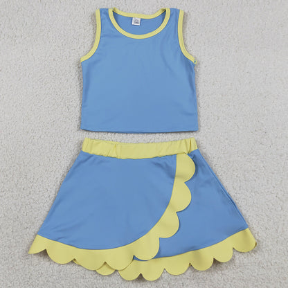 Baby Girls Clothes Sleeveless Blue Yellow Vest Scallop Skirt Short Yoga Active Clothes Sets GSD4022