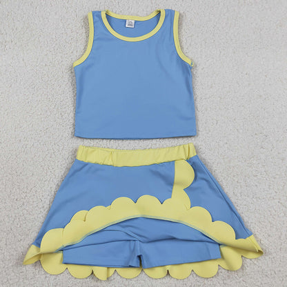 Baby Girls Clothes Sleeveless Blue Yellow Vest Scallop Skirt Short Yoga Active Clothes Sets GSD4022