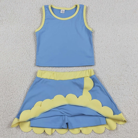 Baby Girls Clothes Sleeveless Blue Yellow Vest Scallop Skirt Short Yoga Active Clothes Sets GSD4022