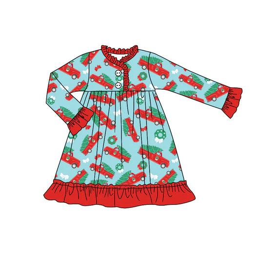 Preorder (moq 5)Baby Girls Christmas Trucks Bows Ruffle Knee Length Gowns Dresses 8.8