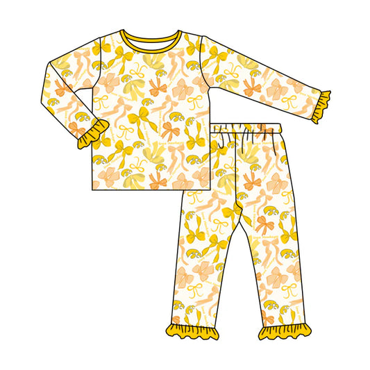 Preorder MOQ 5 Long sleeves yellow bow kids girls team pajamas 8.25