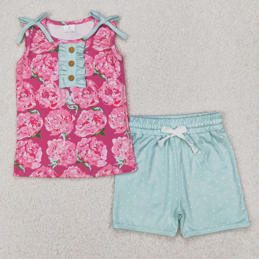 Baby Girls Clothes Pink Sleeveless Floral Button Top Aqua Shorts Set GSSO2356