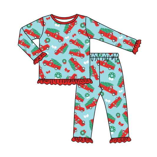 Preorder(moq 5) Baby Girls Christmas Trucks Bows Top Pants Lounge Wear Pajamas Sets 8.8