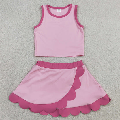 Baby Girls Clothes Sleeveless Pink Vest Scallop Skirt Short Yoga Active Clothes Sets GSD4019