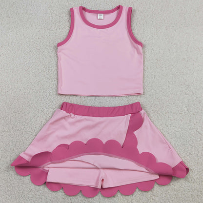 Baby Girls Clothes Sleeveless Pink Vest Scallop Skirt Short Yoga Active Clothes Sets GSD4019