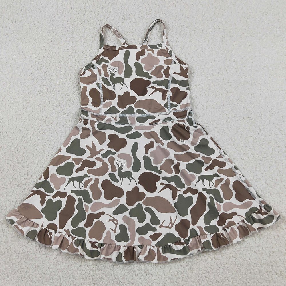 Baby Girls Dress Strap Green Deer Dogs Ducks Camo Yoga Ruffle Knee Length Dresses GSD4117
