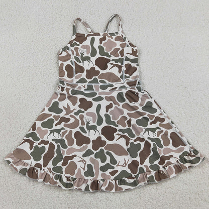 Baby Girls Dress Strap Green Deer Dogs Ducks Camo Yoga Ruffle Knee Length Dresses GSD4117