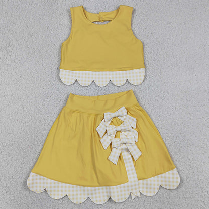 Baby Girls Dress Yellow Vest Top Bows Skirt Shorts Yoga Active Scallop Clothes Sets GSD3324