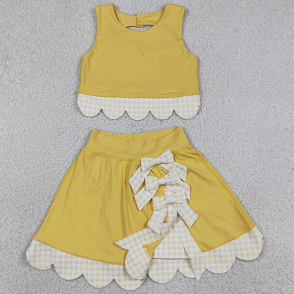 Baby Girls Dress Yellow Vest Top Bows Skirt Shorts Yoga Active Scallop Clothes Sets GSD3324