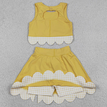Baby Girls Dress Yellow Vest Top Bows Skirt Shorts Yoga Active Scallop Clothes Sets GSD3324