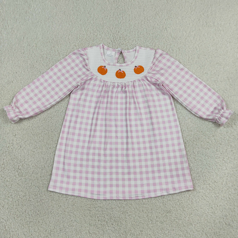 Baby Girls Smocked Pumpkins Pink Checked Fall Knee Length Dresses GLD1649