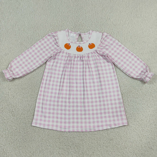 Baby Girls Smocked Pumpkins Pink Checked Fall Knee Length Dresses GLD1649