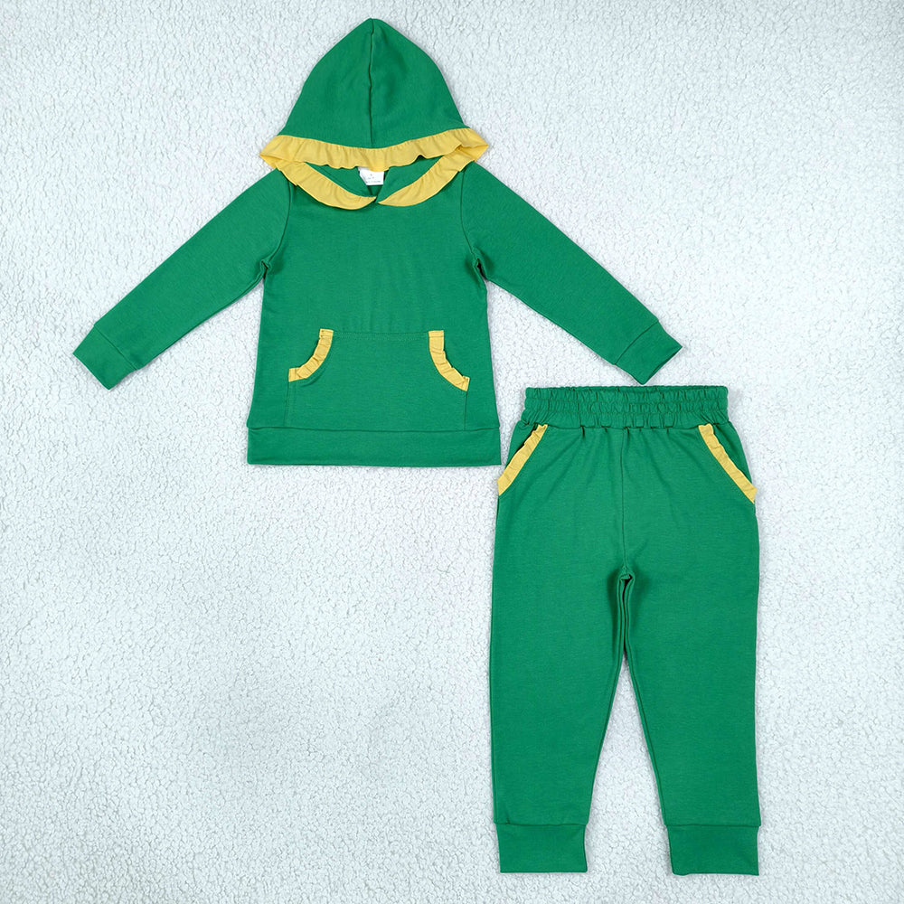 Baby Girls Yellow Green Ruffle Hoodie Pockets Jogger Clothes Sets GLP3569