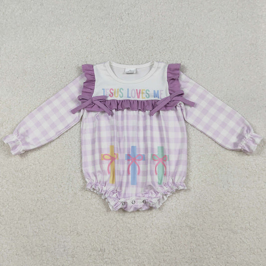 Baby Girls Rompers Lavender Checked Jesus Love Me Cross Ruffle Rompers LR2740 10.14
