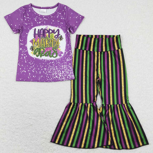 Fashion Baby Girls Clothes Purple Mardi Gras Bell Bottom Outfits GSPO1393