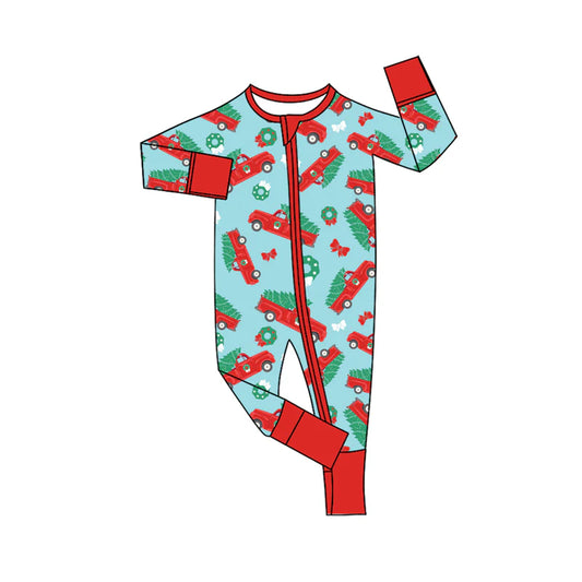 Preorder(moq 5)Baby Infant Christmas Trucks Bows Zipper Footie Rompers 8.8