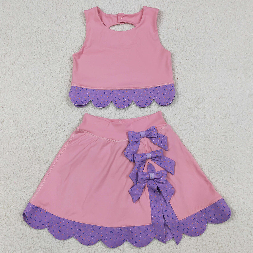 Baby Girls Clothes Pink Purple Vest Top Bows Skirt Shorts Yoga Active Scallop Clothes Sets GSD3319