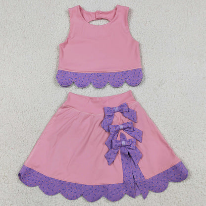 Baby Girls Clothes Pink Purple Vest Top Bows Skirt Shorts Yoga Active Scallop Clothes Sets GSD3319