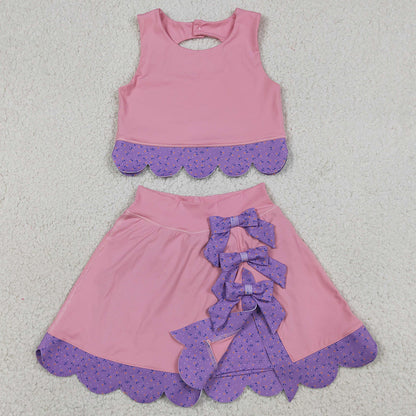 Baby Girls Clothes Pink Purple Vest Top Bows Skirt Shorts Yoga Active Scallop Clothes Sets GSD3319