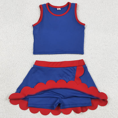 Baby Girls Clothes Red Navy Vest Top Scallop Skirt Short Yoga Active Clothes Set GSD4096