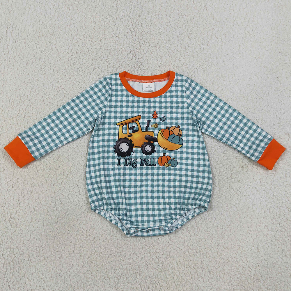 Baby Boys Rompers Long Sleeve Green Checked Pumpkins Truck Fall Romper LR3237