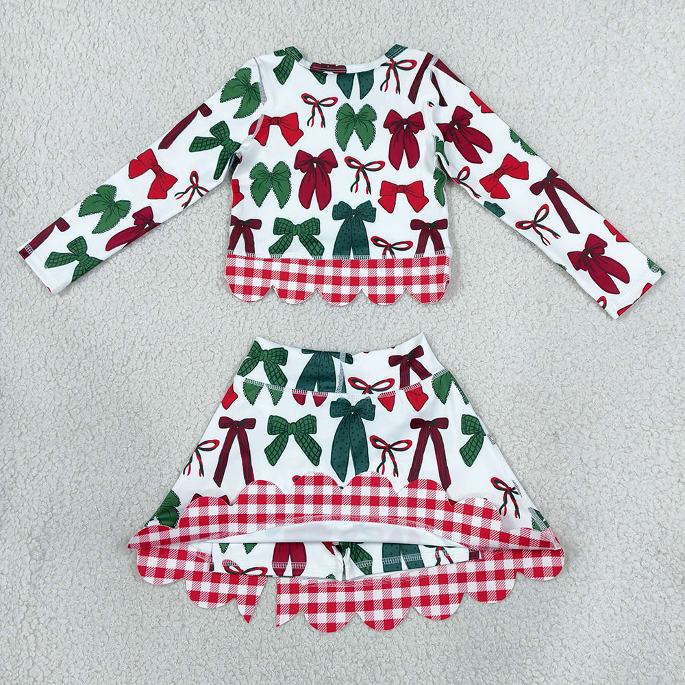 Baby Girls Clothes Green Red Bows Top Bows Skirt Short Christmas Yoga Active Scallop Clothes Set GLD1677