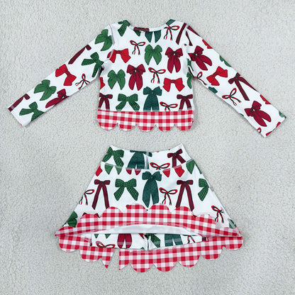 Baby Girls Clothes Green Red Bows Top Bows Skirt Short Christmas Yoga Active Scallop Clothes Set GLD1677
