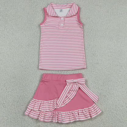 Baby Girls Clothes Pink Stripe Button Vest Top Skirt Shorts Yoga Active Clothes Sets GSD3408