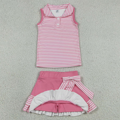 Baby Girls Clothes Pink Stripe Button Vest Top Skirt Shorts Yoga Active Clothes Sets GSD3408