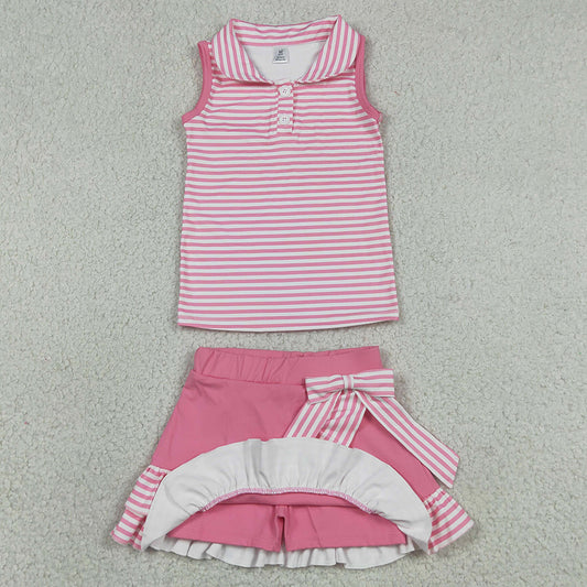 Baby Girls Clothes Pink Stripe Button Vest Top Skirt Shorts Yoga Active Clothes Sets GSD3408