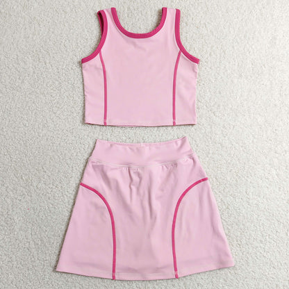Baby Girls Clothes Pink Sleeveless Vest Top Skirt Shorts Yoga Active Clothes Set GSD2675