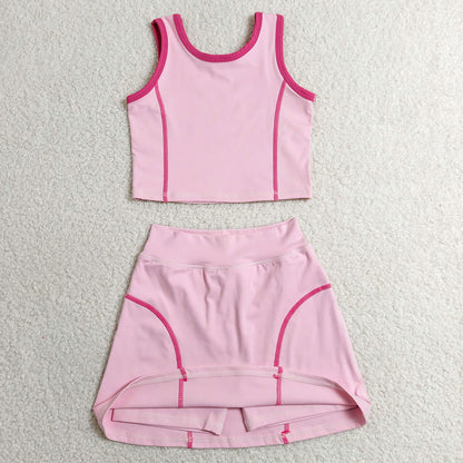 Baby Girls Clothes Pink Sleeveless Vest Top Skirt Shorts Yoga Active Clothes Set GSD2675