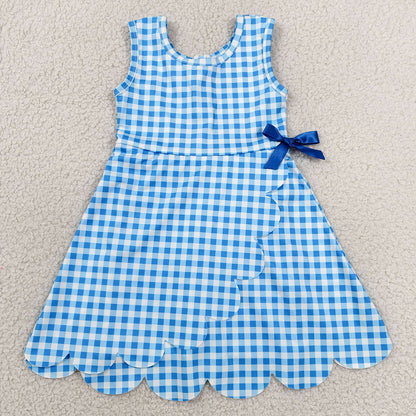 Baby Girls Dress Blue Checked Sleeveless Yoga Active Shorts Scallop Knee Length Dresses GSD3778