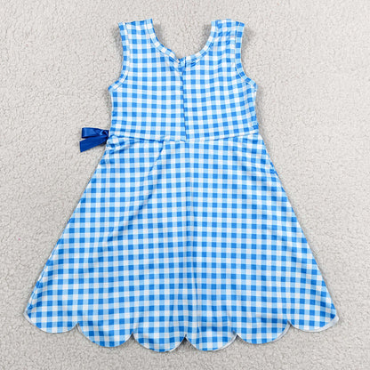 Baby Girls Dress Blue Checked Sleeveless Yoga Active Shorts Scallop Knee Length Dresses GSD3778