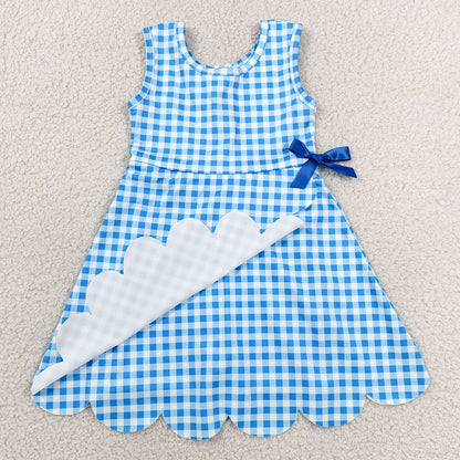 Baby Girls Dress Blue Checked Sleeveless Yoga Active Shorts Scallop Knee Length Dresses GSD3778