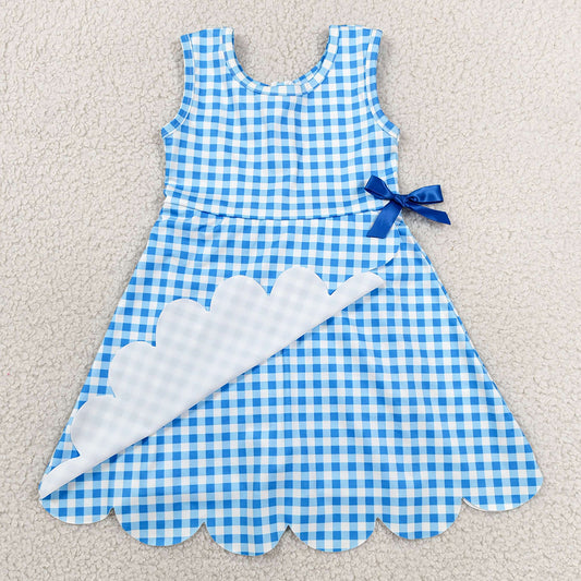 Baby Girls Dress Blue Checked Sleeveless Yoga Active Shorts Scallop Knee Length Dresses GSD3778