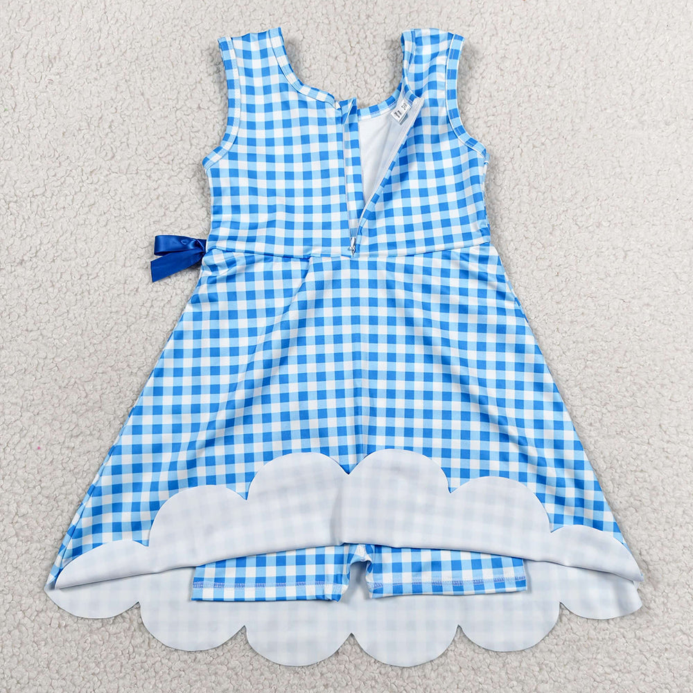 Baby Girls Dress Blue Checked Sleeveless Yoga Active Shorts Scallop Knee Length Dresses GSD3778