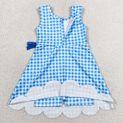 Baby Girls Dress Blue Checked Sleeveless Yoga Active Shorts Scallop Knee Length Dresses GSD3778