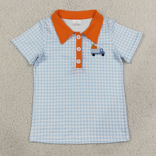 Baby Boys Clothes Embroidery Pumpkin Blue Checked Truck Fall Button Polo Shirts Top BT1890
