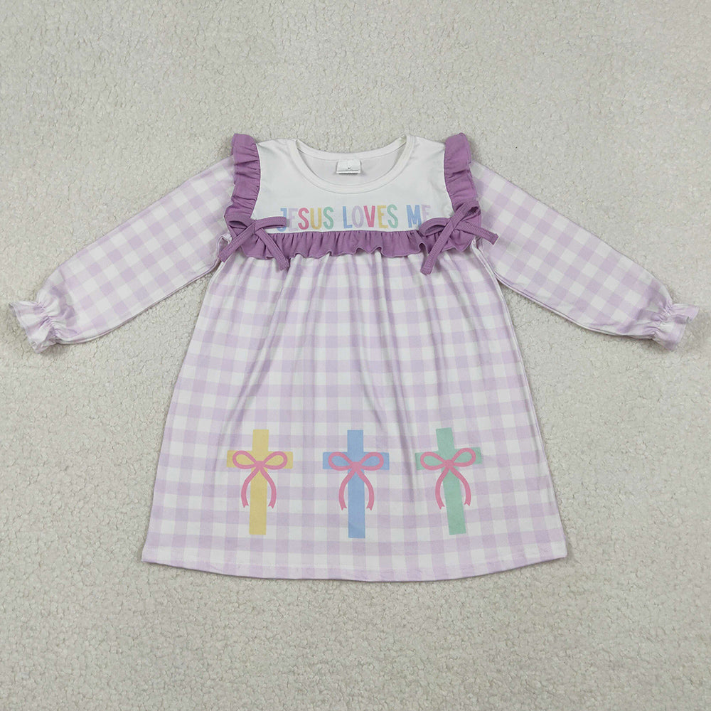 Baby Girls Dress Lavender Checked Jesus Love Me Cross Knee Length Dresses GLD1356 11.1